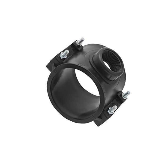 Plastična sedlasta obujmica 110 mm sa 6/4" unutrašnjim navojem za bočni priključak na PE cev